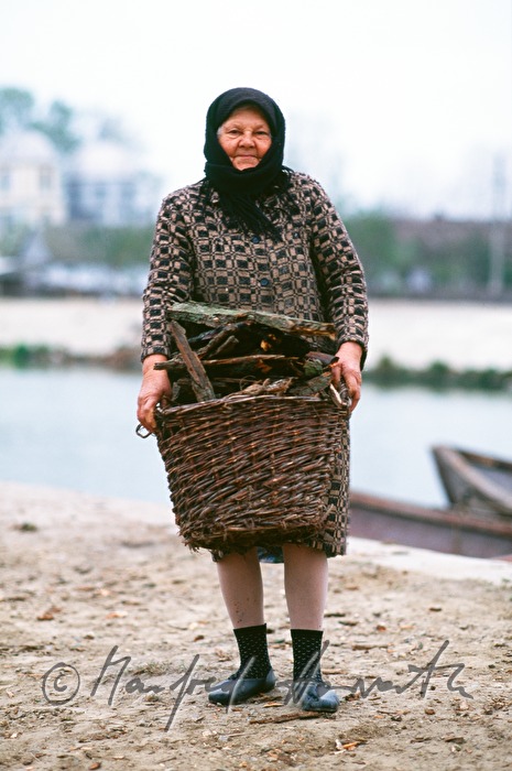 Lipovan woman with basket carries home firewood