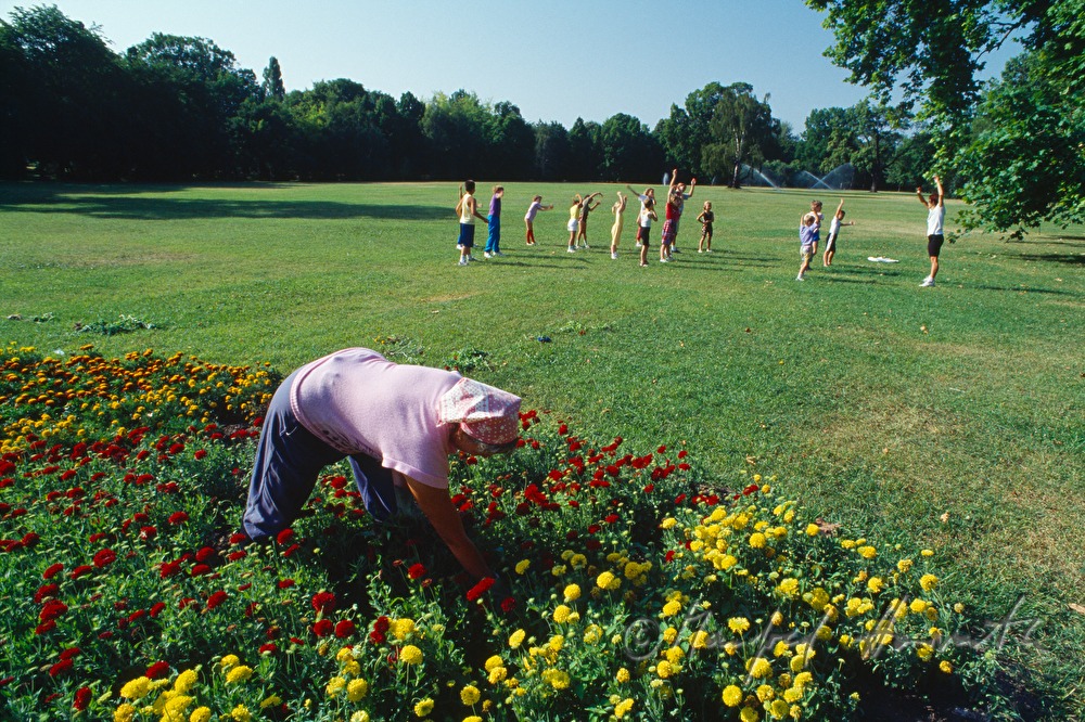 horticulturist and school class in the flower bed
