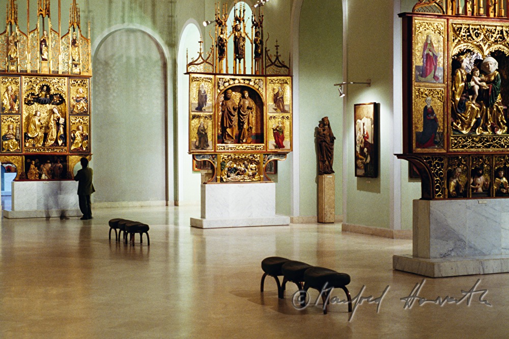 gothic winged altar and visitor