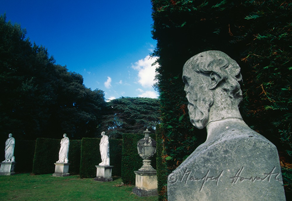 yew hedging and niches with statues