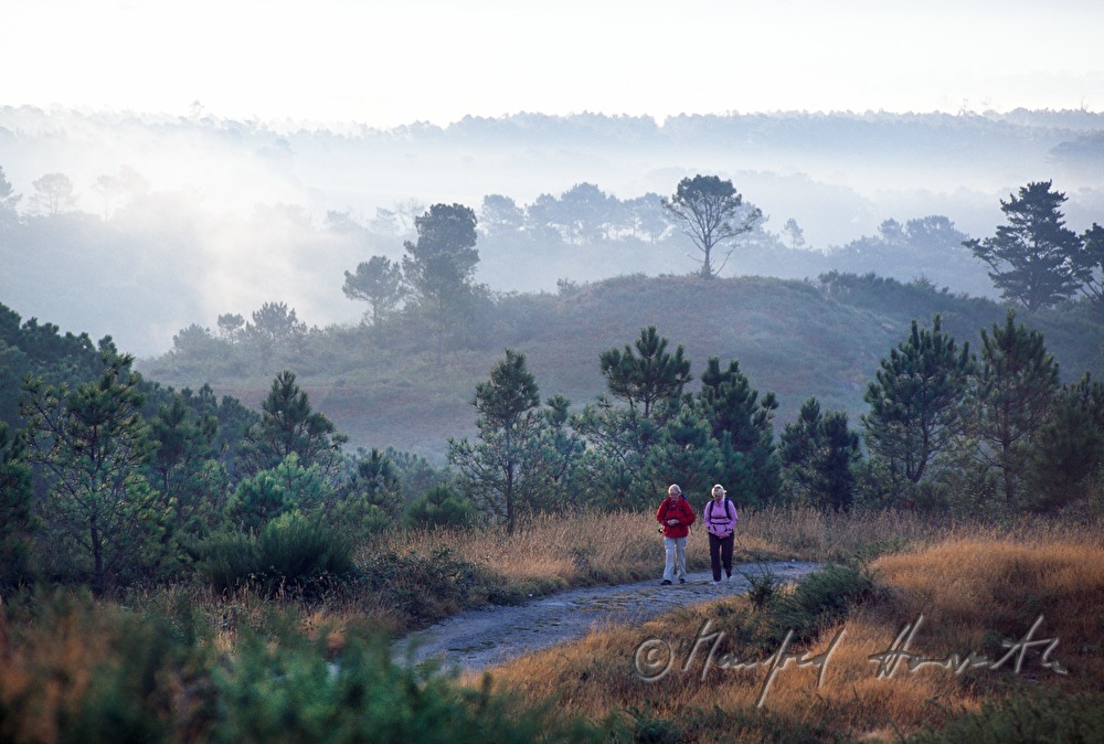 two pilgrims on their way near Olveiroa