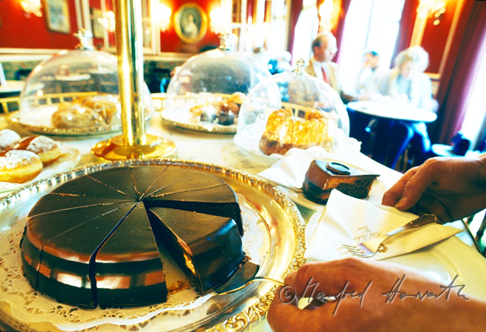 waiter serves a Sacher Torte