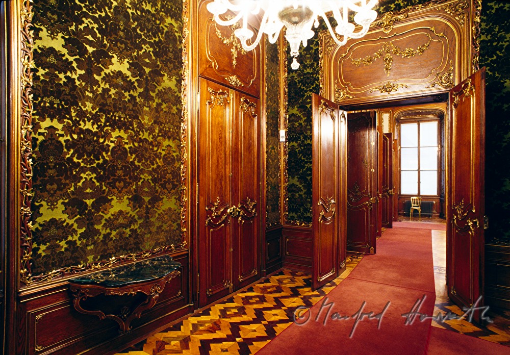 salon with silk wall covering