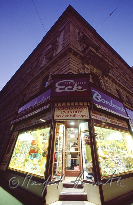 entrance to the candy shop on the corner