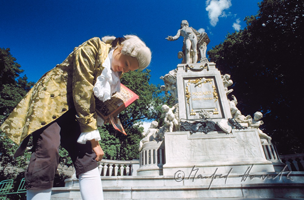 Mozart double in front of Mozart Monument