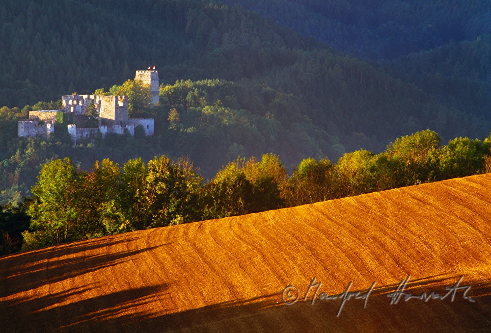 castle ruins and rolling landscape