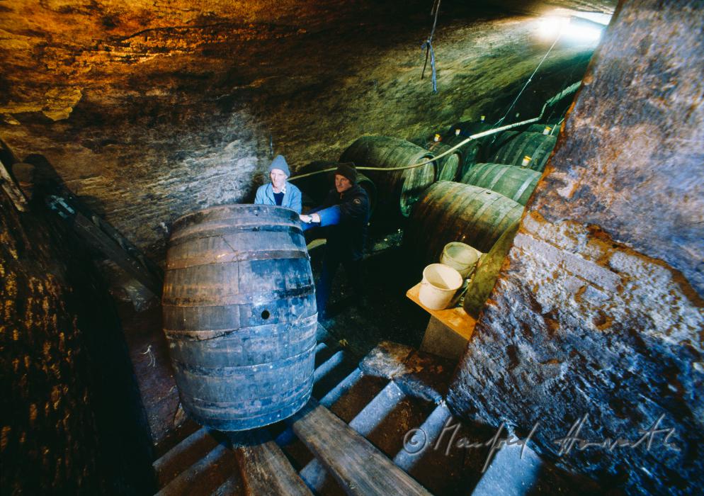 transport of a wooden barrel into the cider cellar