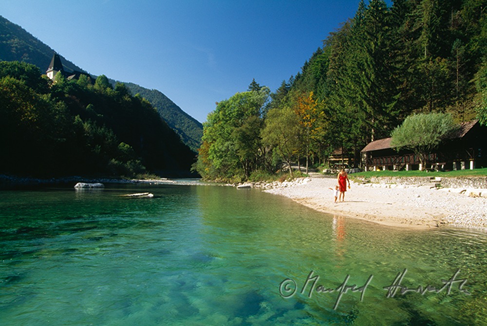 Ybbsstrandbad and river bed of the river Ybbs
