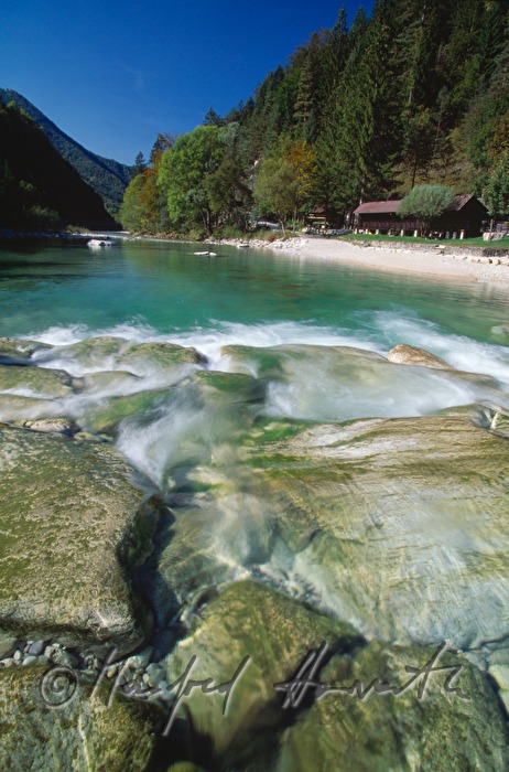 Ybbsstrandbad and river bed of the river Ybbs