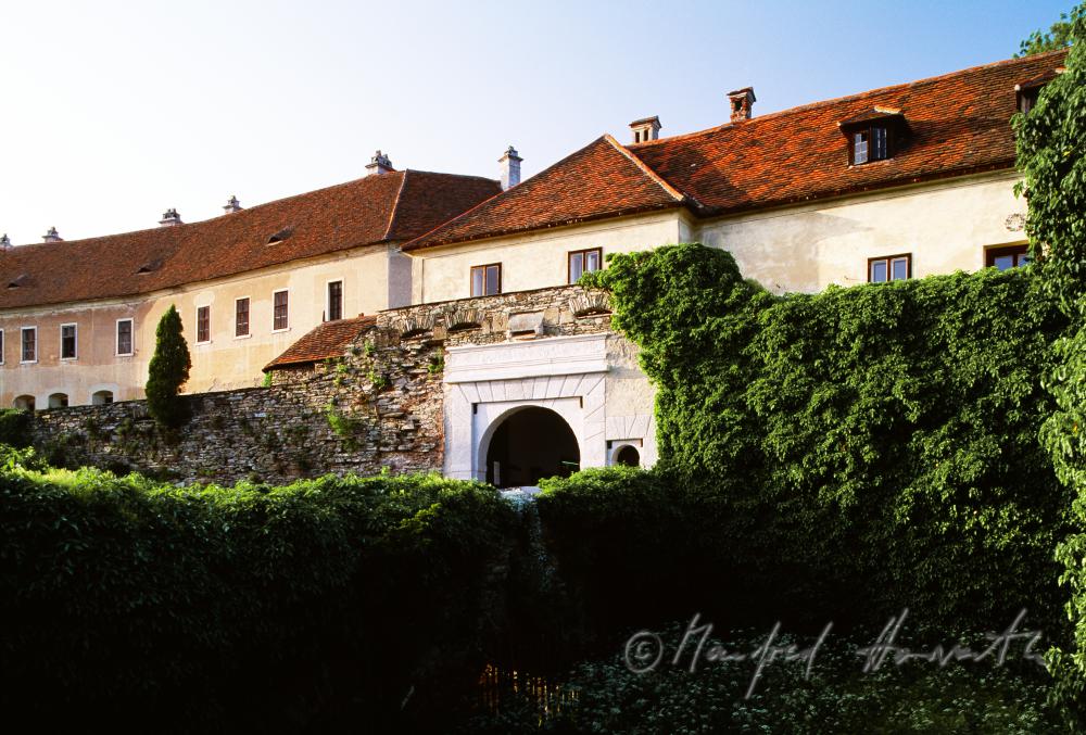 greened castle wall and gate