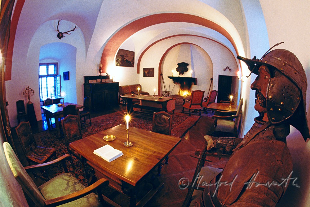 fireplace room with knight's armor