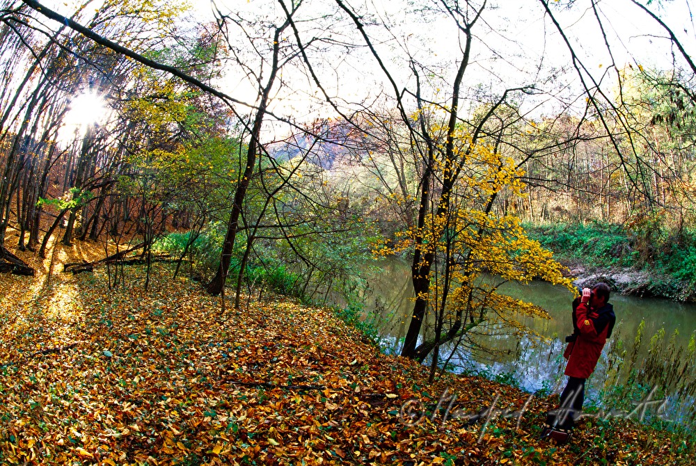 biologist with binoculars on the shore of the Pinka River