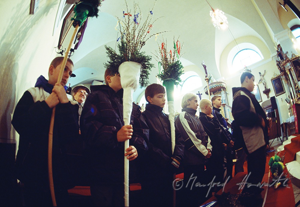 boys carrying bunches of willow catkins