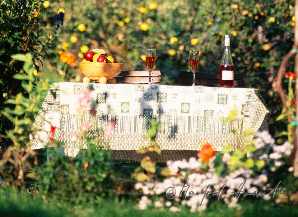 decorated garden table with sparkling Uhudler wine