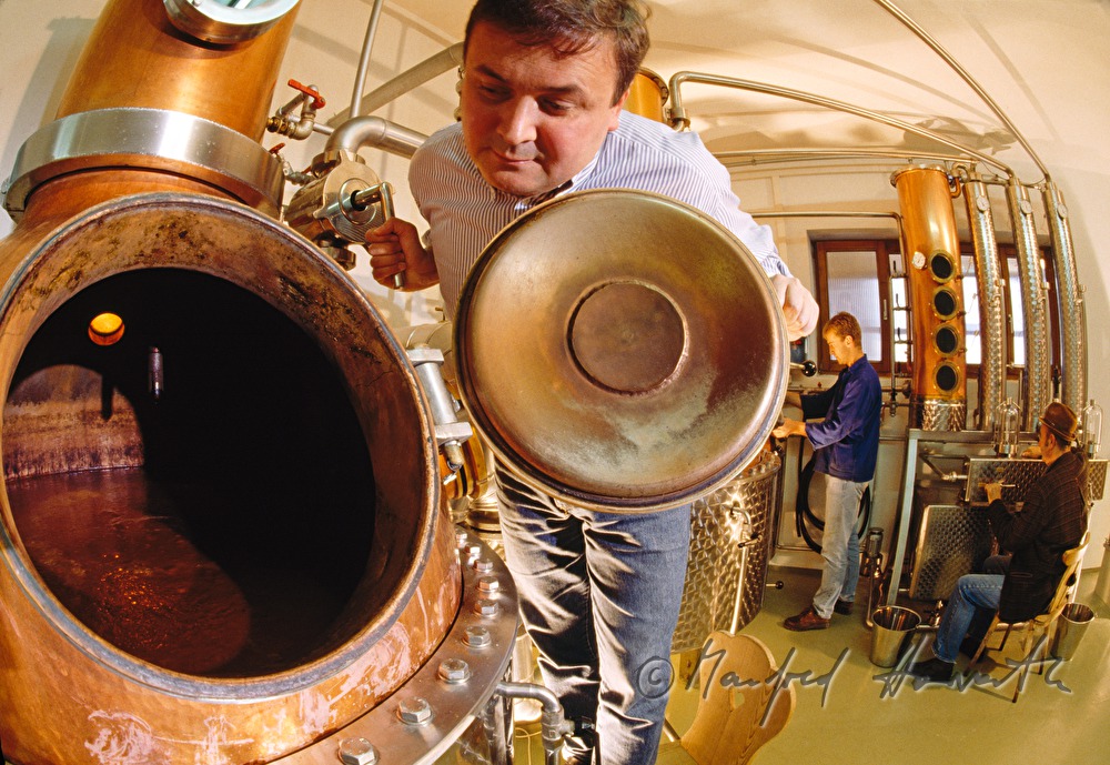 Alois Goelles in his schnaps distillery