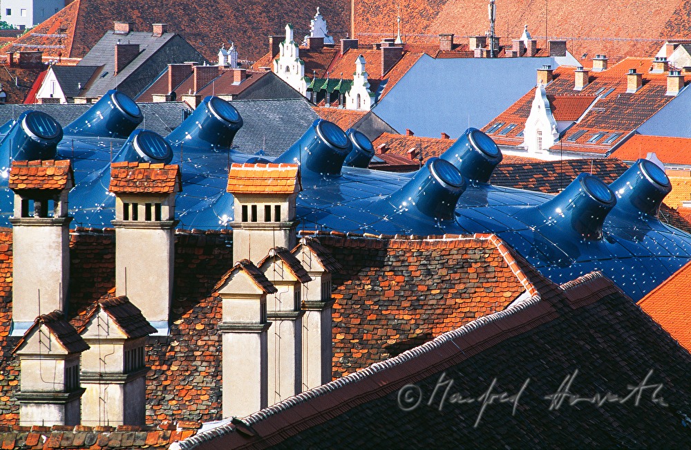 view from Schlossberg to Kunsthaus Graz