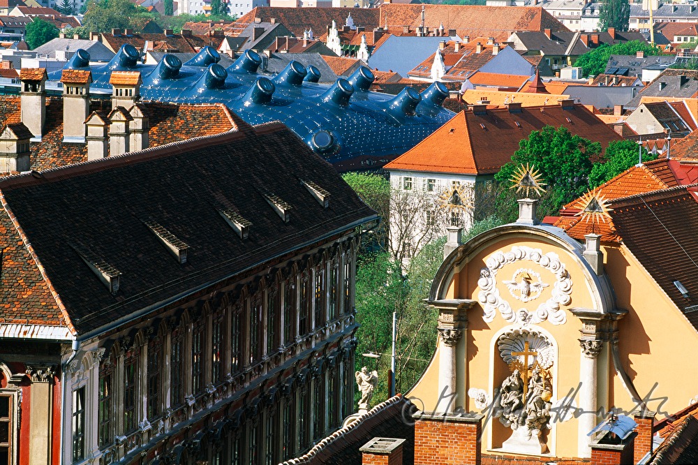 view from Schlossberg to Kunsthaus Graz