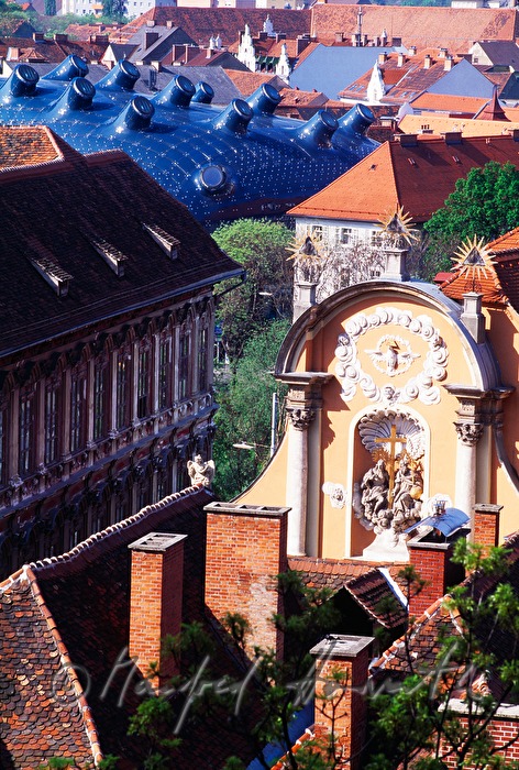 view from Schlossberg to Kunsthaus Graz