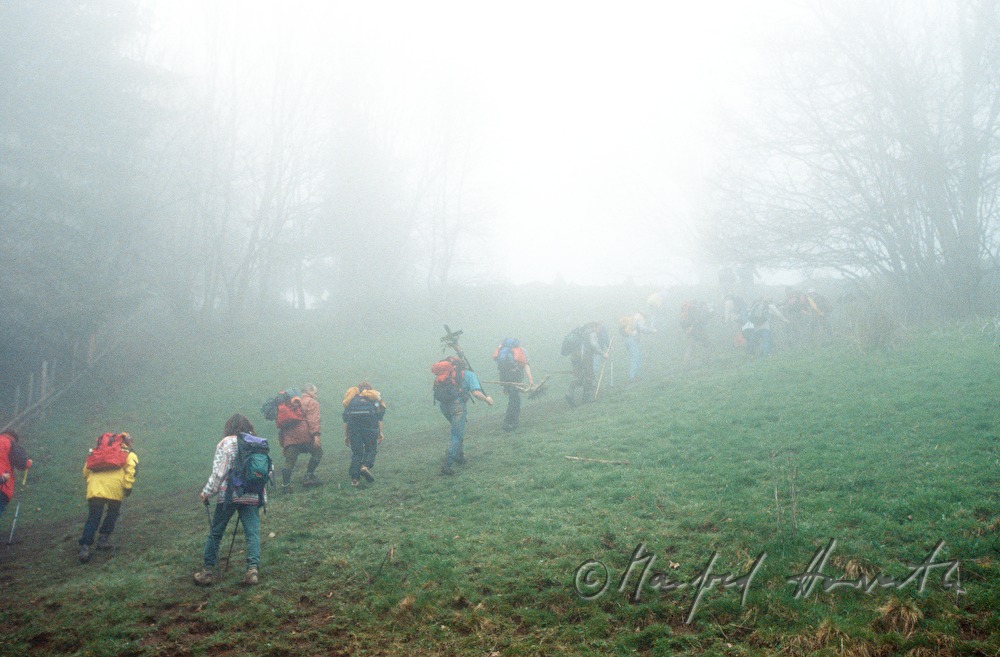 pilgrims on the way to the mountain peak