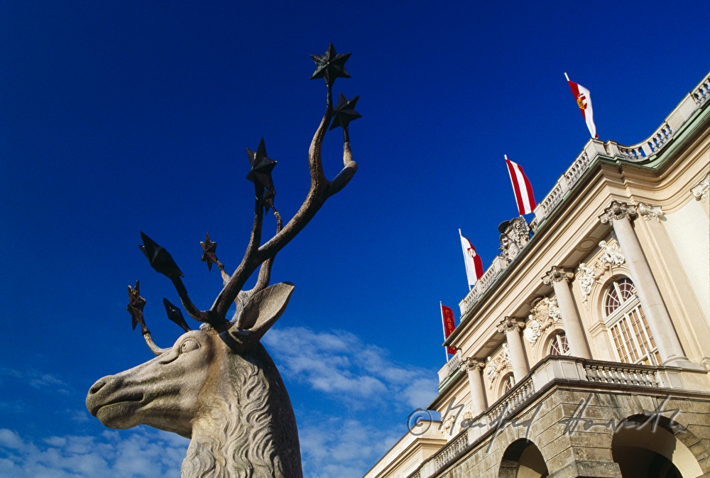 main entrance and deer sculpture