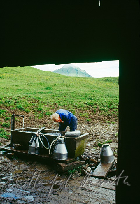 dairyman washes his face at a well