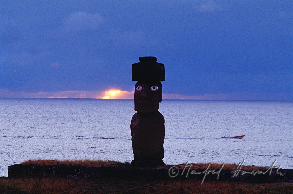 Moai with eyes made of corals