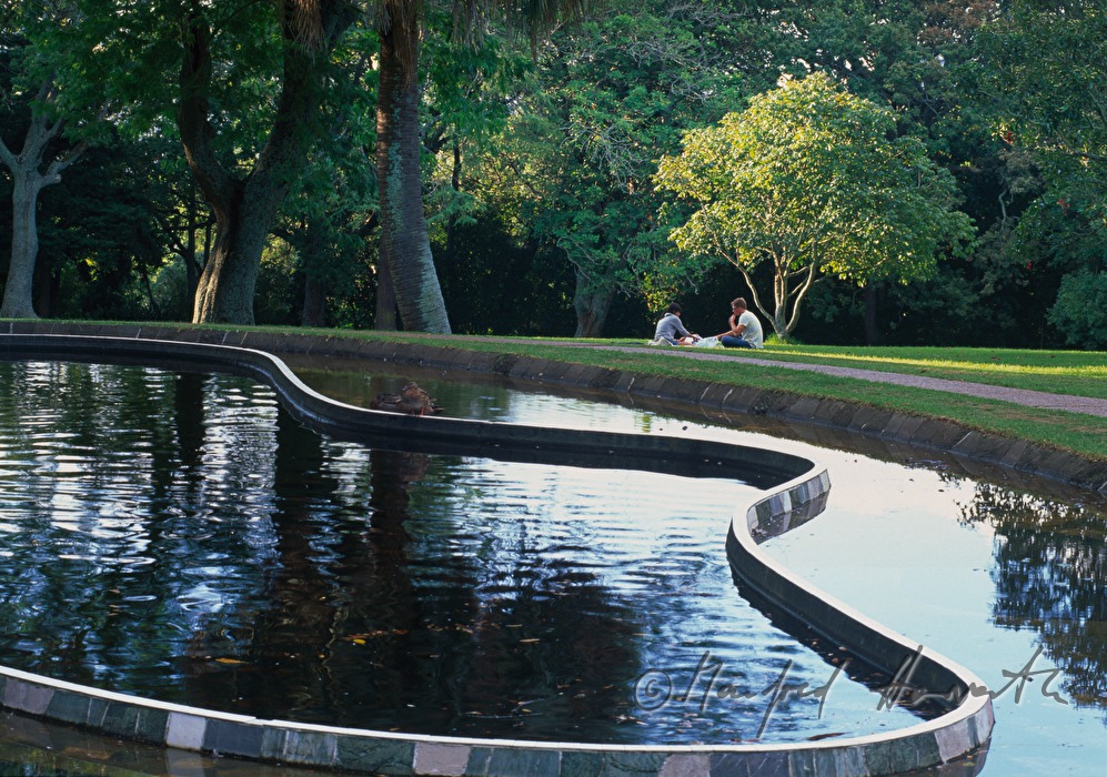 pond and couple having a picknick