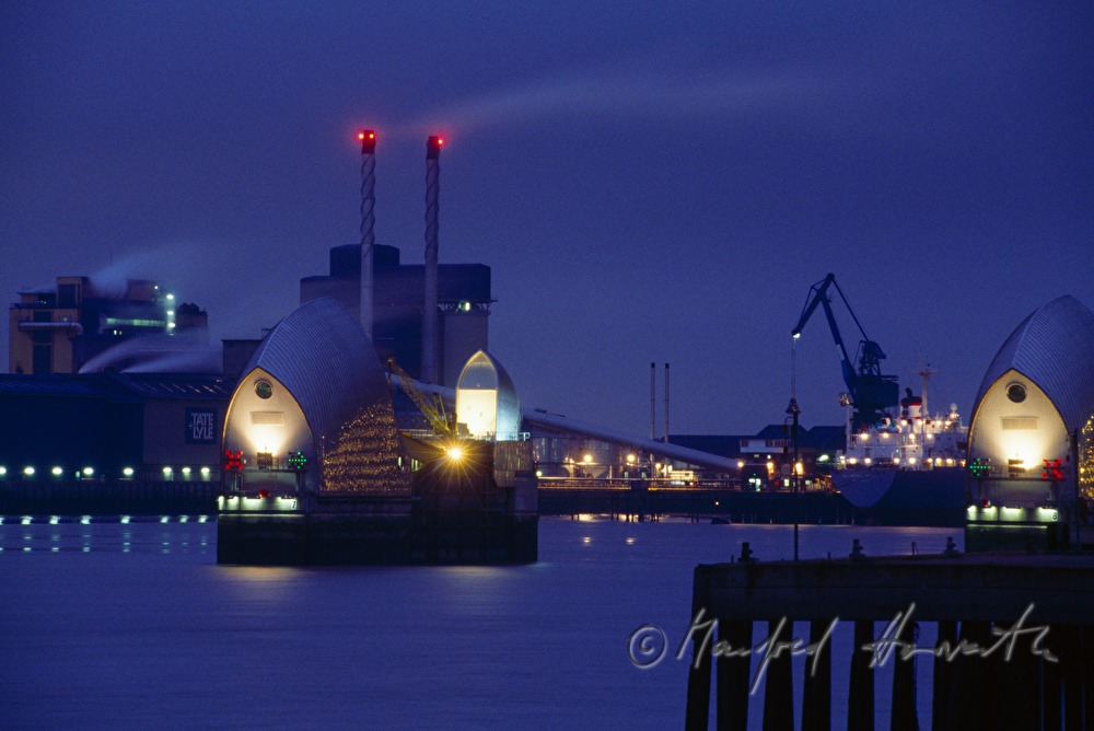 Thames Flood Barrier and cranes