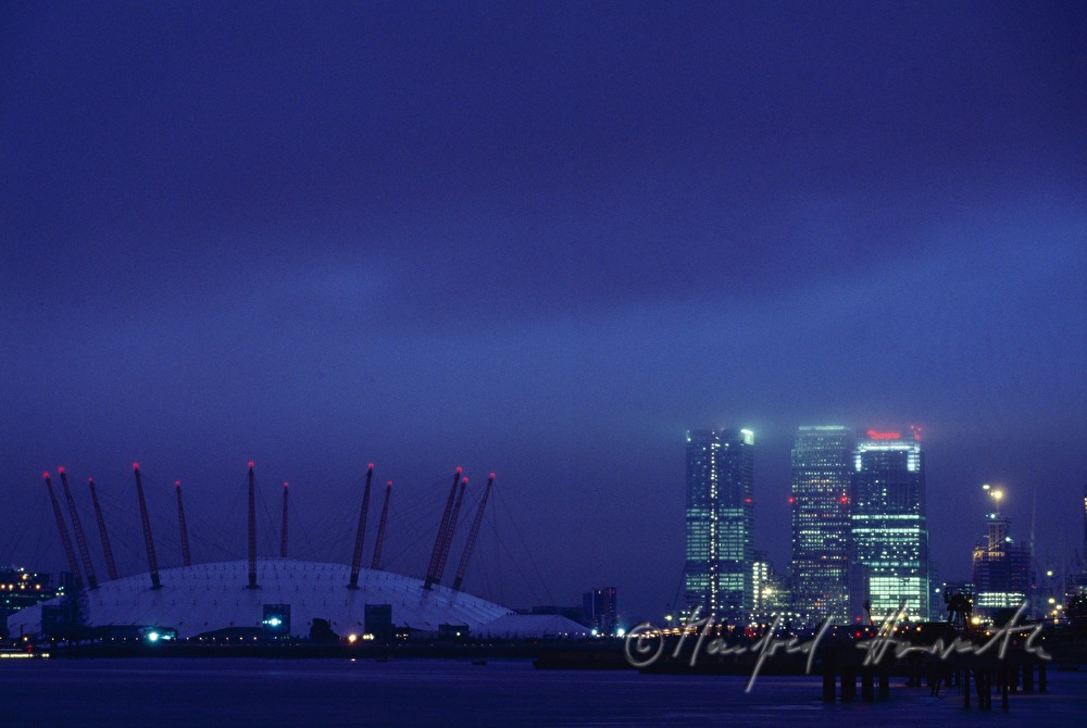 Millenium Dome and sky scrapers of  Canary Wharf