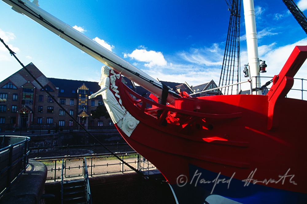 ship in front of Tobacco Dock