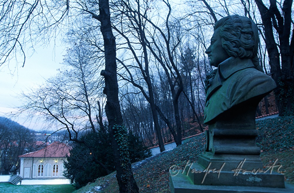 Mozart bust in garden of Villa Bertramka