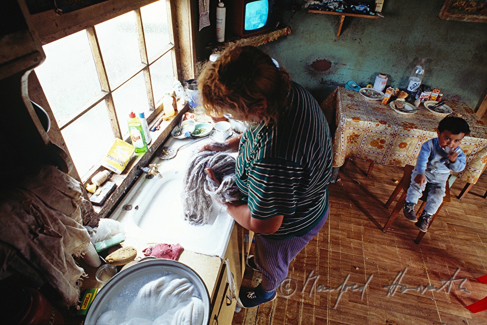 washing wool in the kitchen