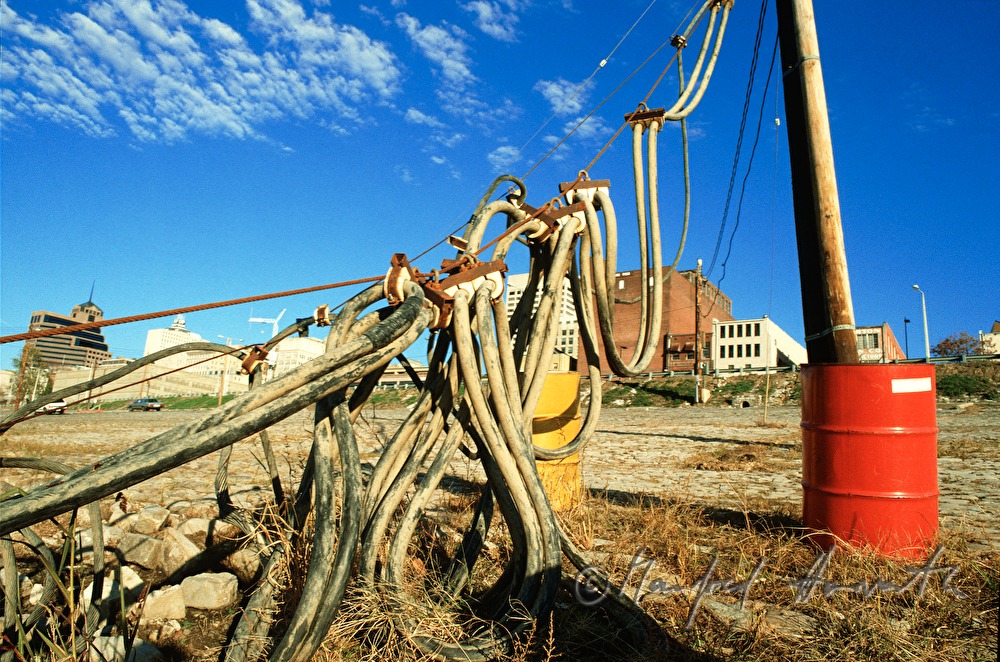 harbour and power pole with cable tangle