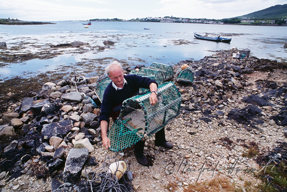 lobster fisherman with bow net on the shore