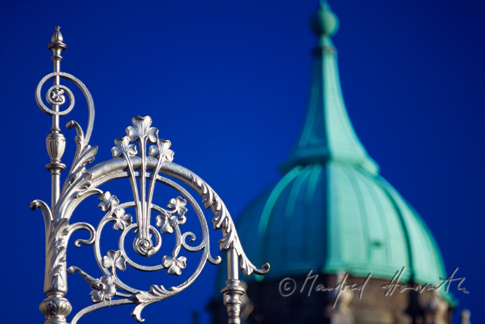 detail of a street lamp and roof of Dublin Castle