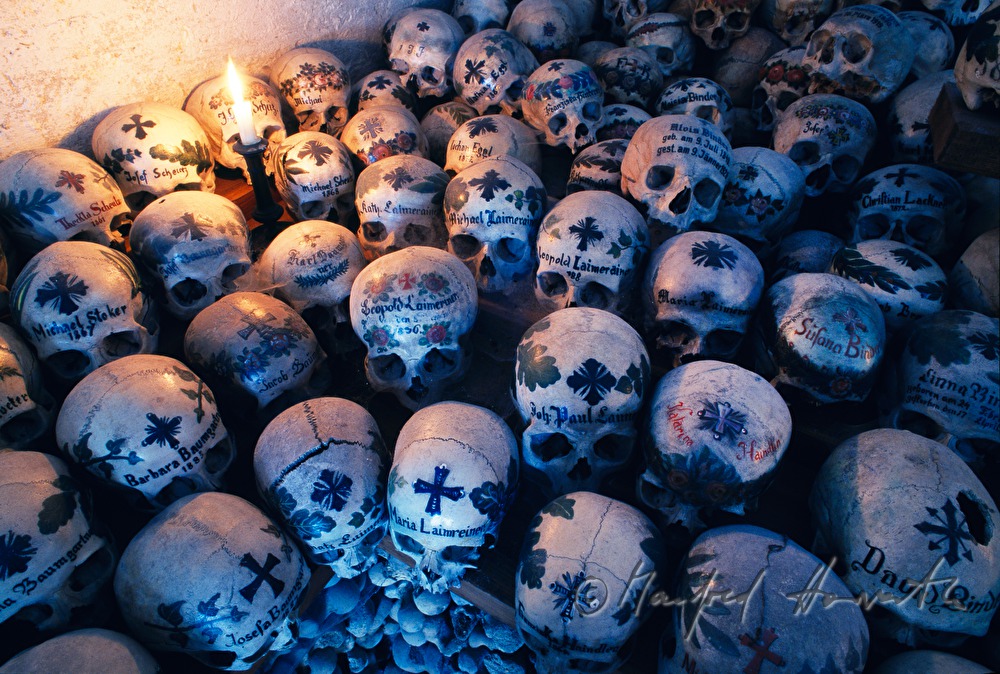 painted skulls in the charmel house