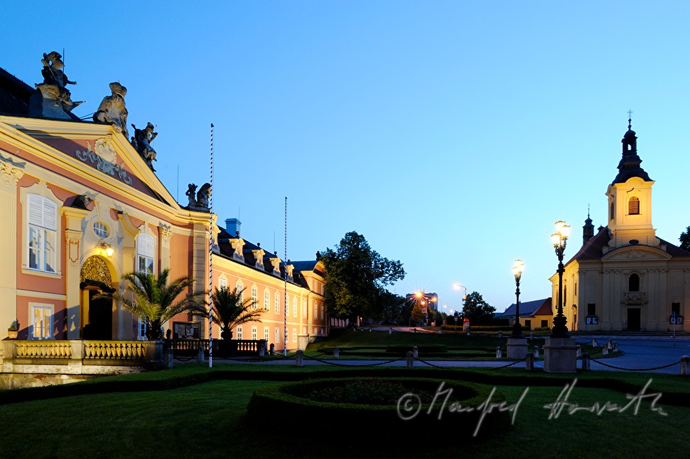 Schloss Dobris, view from the main square with church of Dobris