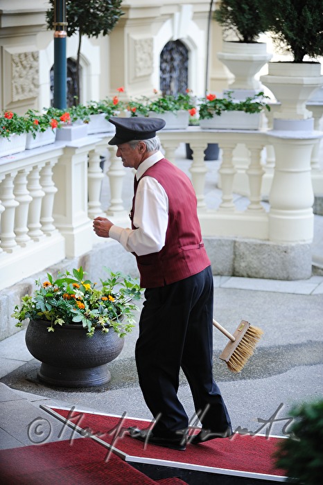 Grandhotel Pupp, uniformed doorman at the main entrance