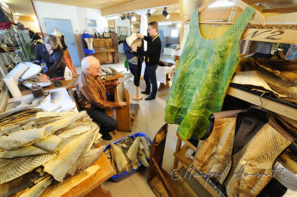 making of a women`s dress made of fish leather