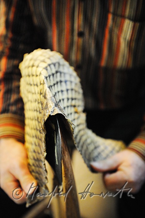 forming of fish leather by pulling over a metal form
