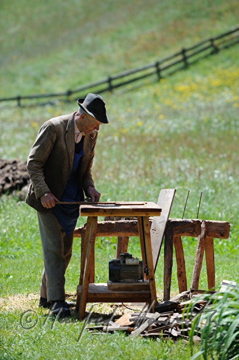 elderley farmer cuts firewood