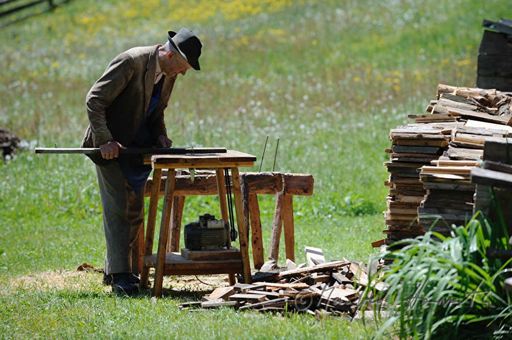 elderley farmer cuts firewood
