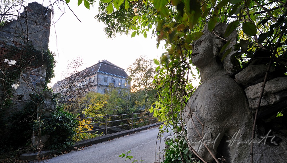 overgrown Sphinx in the garden of the historic paper mill