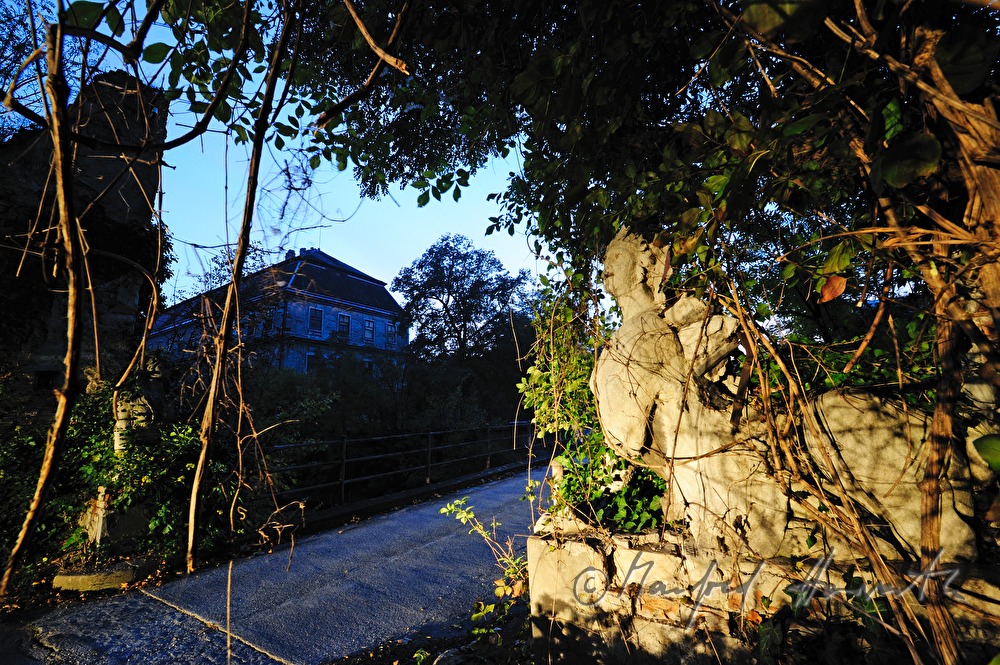 overgrown Sphinx in the garden of the historic paper mill