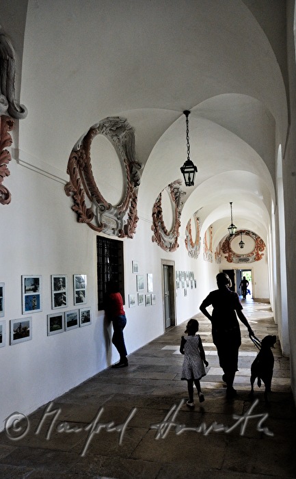 visitor with dog in the cloister of Basilika Maria Loretto