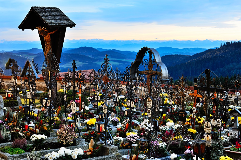 decorated graveyard near the church on All Hallows' Day
