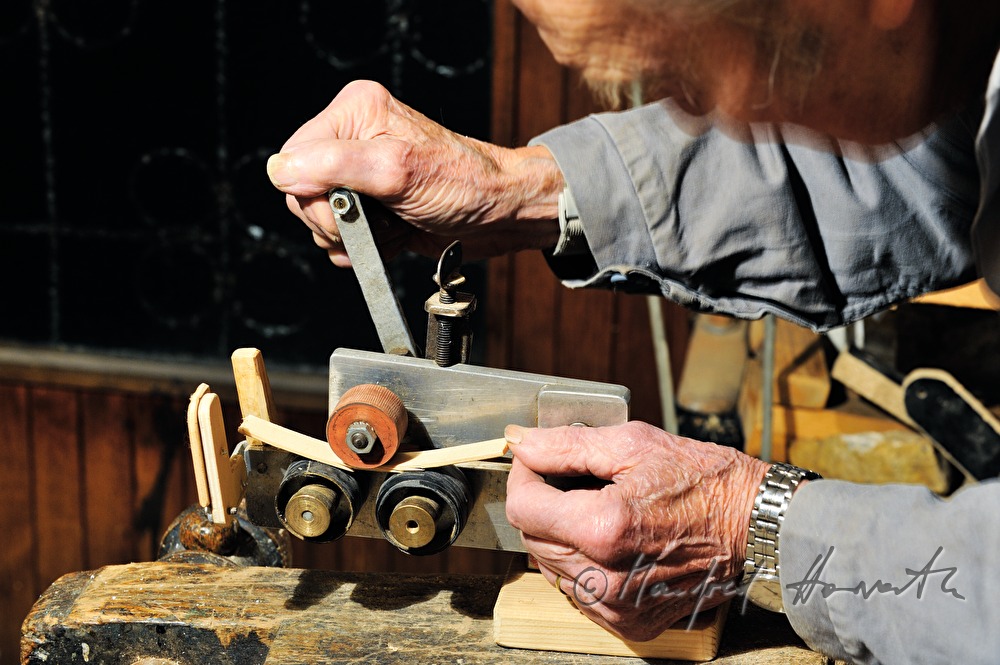 ship scale model maker Kurt Schaefer with bending machine