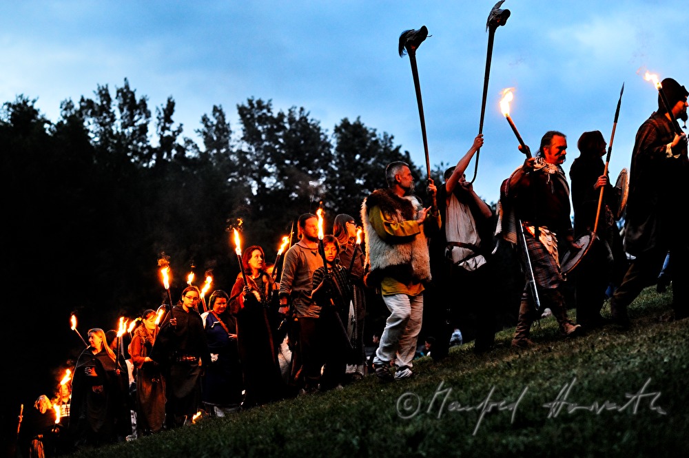 performers wandering around the solstice fire during the Celtic Festival