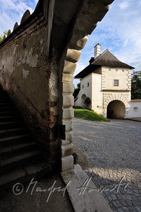 view through the arch of the entrance to the 