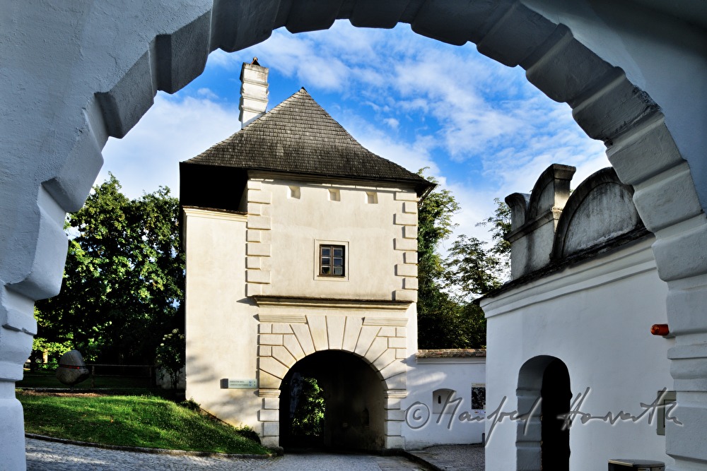 view through the arch of the entrance to the 